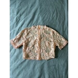 Peach Pink Floral Lace Crop Top Short Sleeve High Neck Back Zip Medium